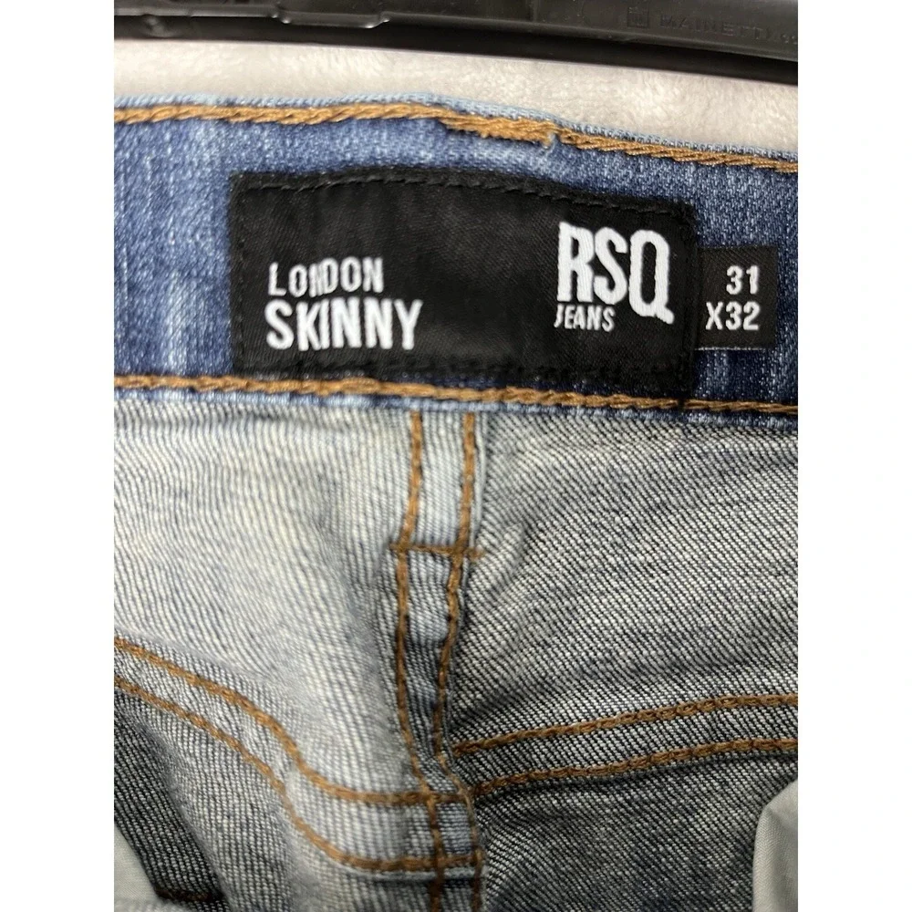 RSQ Jeans Men 31x32 Blue Wash Denim London Skinny Stretch Distressed Rip Biker